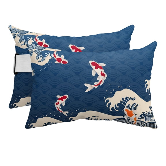 Coastal Wave Outdoor Pillows for Chaise Lounge Chair Beach Headrest Pillow Set of 2 Waterproof Lumbar Pillows with Insert&Adjustable Strap Japanese Style Ocean Fish Blue Pillow for Patio Pool 12"x20"