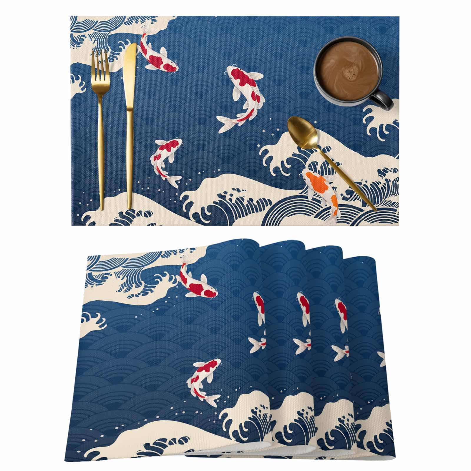 Coastal Wave Placemats Set of 8 Japanese Style Ocean Fish Blue Place ...