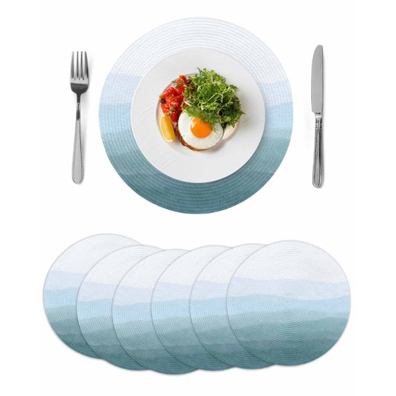 Coastal Wave Round 13 Inch Placemats Set of 6, Summer Ocean Nautical Beach Ombre Sky Blue HeatResistant Non Slip Place Mats for Dining Table, Wipeable Braided Kitchen Table Mats for Housewarming