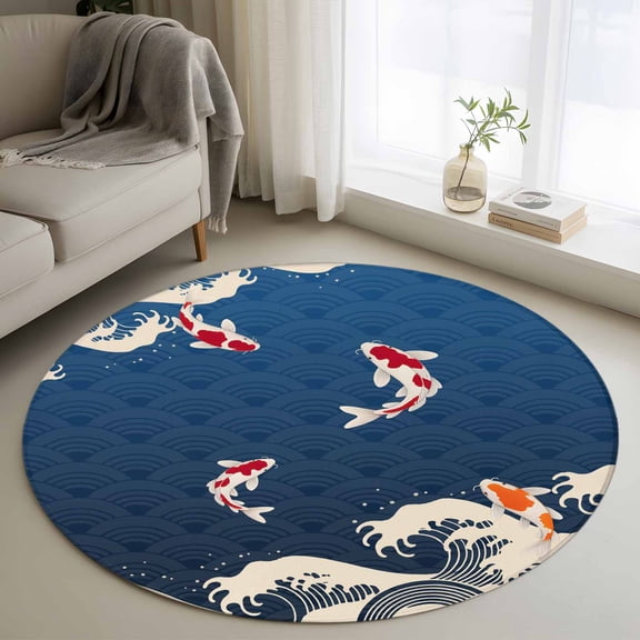 Coastal Wave Round Rug 3ft Washable Circle Entryway Rugs Non Slip Japanese Style Ocean Fish Blue Area Rug Indoor Floor Carpet for Bedroom Kitchen Living Room Home Office Dining Room Nursery