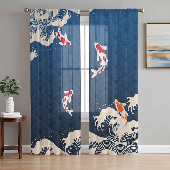 Coastal Wave Semi Sheer Window Curtains 96 Inches Long, Japanese Style Ocean Fish Blue Rod Pocket Voile Silky Chiffon Curtain Light Filtering Drapes for Living Room, Kitchen, 52"x96", 2 Panels