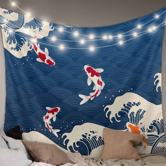 Coastal Wave Small Tapestry for Bedroom Wall Hanging Tapestry, Japanese Style Ocean Fish Blue Ceiling Backdrop Tapestries Poster Blanket Wall Decor for Teens Room Living Room Dorm 23" x 28"