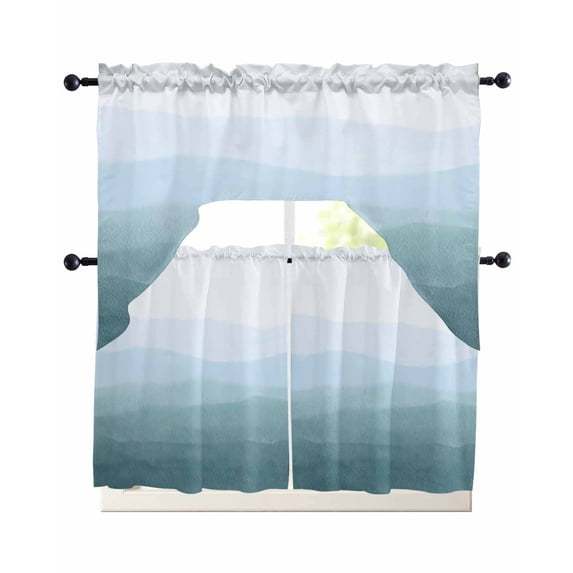 Coastal Wave Swag Curtains for Living Room/Bedroom Windows, Summer Ocean Nautical Beach Ombre Sky Blue Kitchen Curtains and Valances Set 36 Inch Length, Light Filtering Swags Valance Curtain Panels