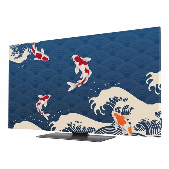 Coastal Wave TV Cover for 75 Inch Screen, Stretch Fabric Dustproof TV Display Protector, Japanese Style Ocean Fish Blue Elastic Slipcover Monitor Cover for Indoor Desktop Computer 65.4"x36.8"