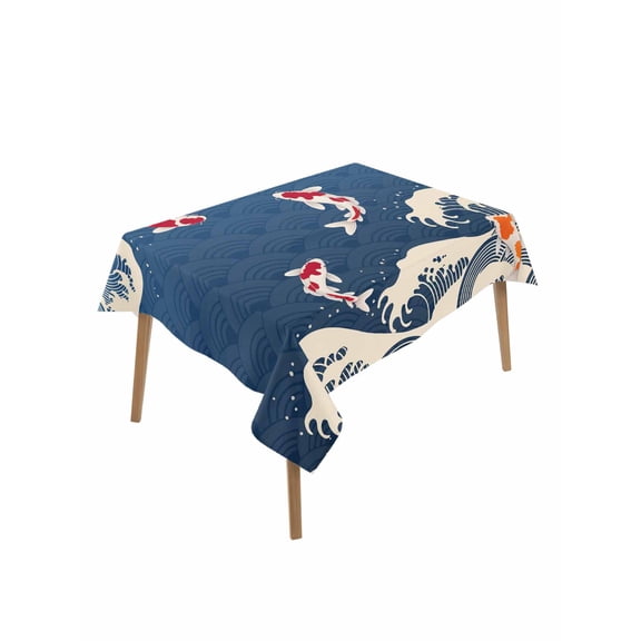Coastal Wave Table Cloth, Japanese Style Ocean Fish Blue Waterproof Tablecloth for Rectangle Tables, Reusable Washable Fabric Table Cover for Restaurant Kitchen Dining Tables 60"x84"