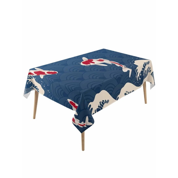 Coastal Wave Table Cloth, Japanese Style Ocean Fish Blue Waterproof Tablecloth for Rectangle Tables, Reusable Washable Fabric Table Cover for Restaurant Kitchen Dining Tables 54"x108"