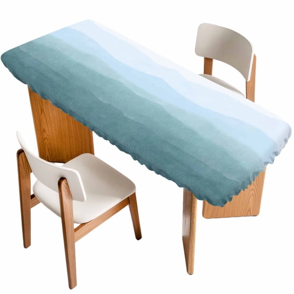 Coastal Wave Table Cloths for 8 Foot Rectangle Tables, Summer Ocean Nautical Beach Ombre Sky Blue Patio Waterproof Elastic Fitted Tablecloths, Washable Rectangular Table Cover for Camping