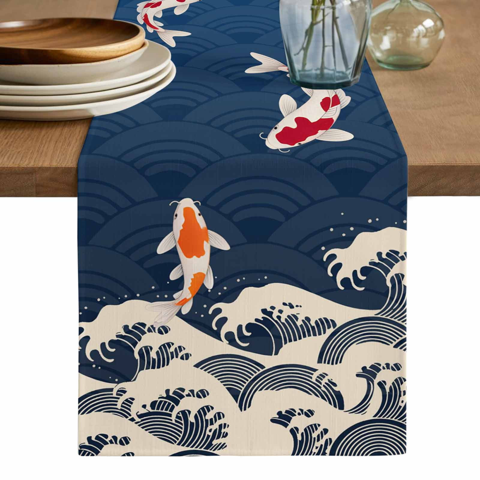 Coastal Wave Table Runner, Japanese Style Ocean Fish Blue Washable ...