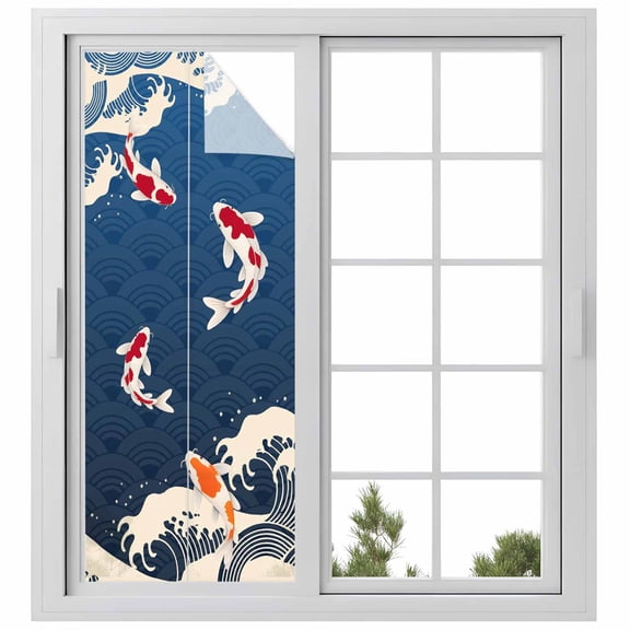 Coastal Wave Window Privacy Film, Japanese Style Ocean Fish Blue Static Cling UV Sun Blocking Heat Control Window Tint Day and Night, Non-Adhesive Reusable One Way Windows Privacy Cover 23.6''x59''