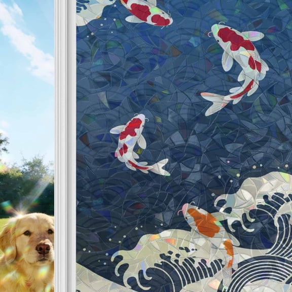 Coastal Wave Window Privacy Film Stain Glass,Reusable Decorative Rainbow Window Film,Japanese Style Ocean Fish Blue Non-Adhesive Static Cling Sun Blocking Stickers Decals Covers 17.7" x 39.3" (2pcs)
