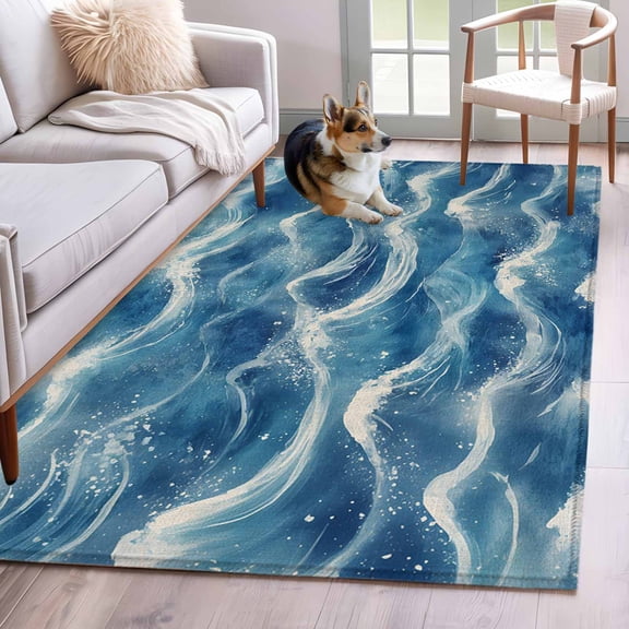 Coastal Waves Area Rug 4x6 Washable Rug Non Slip Summer Beach Ocean Nautical Burlap Large Area Rug Indoor Floor Carpet for Entryway Bedroom Kitchen Living Room Home Office Dining Room Nursery