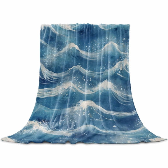 Coastal Waves Flannel Blanket for Bed, Summer Beach Ocean Nautical Burlap Soft Cozy Warm Couch Throw Blanket, Lightweight Fluffy Plush Bedding Blankets for Sofa Decor All Season 50"x60"