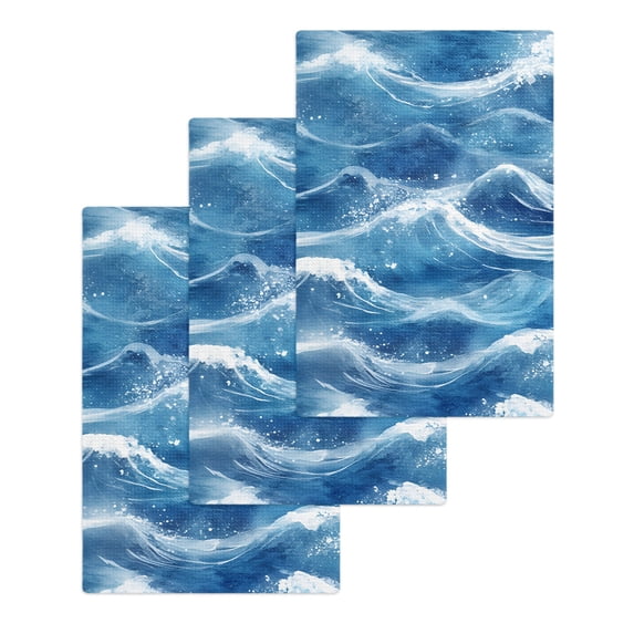 Coastal Waves Kitchen Dish Towels for Drying Dishes Set of 3, Summer Beach Ocean Nautical Watercolor Waffle Weave Microfiber Hand Tea Bathroom Towels Quick Dry & Absorbent Towel 15.7x23.6