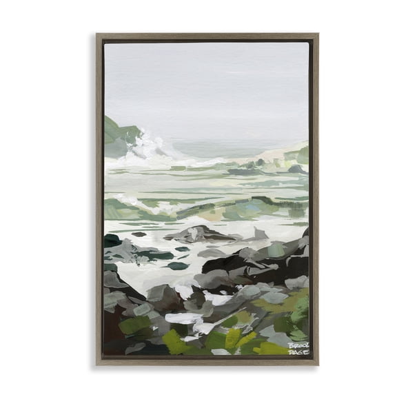 Stupell Industries Coastal Waves & Rocks Impression Brown Framed Floater Canvas Wall Art, design by Brook Page