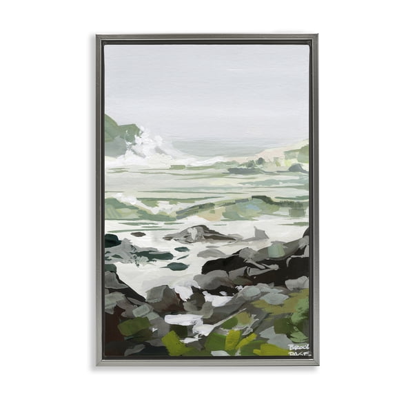 Stupell Industries Coastal Waves & Rocks Impression Gray Framed Floater Canvas Wall Art, design by Brook Page