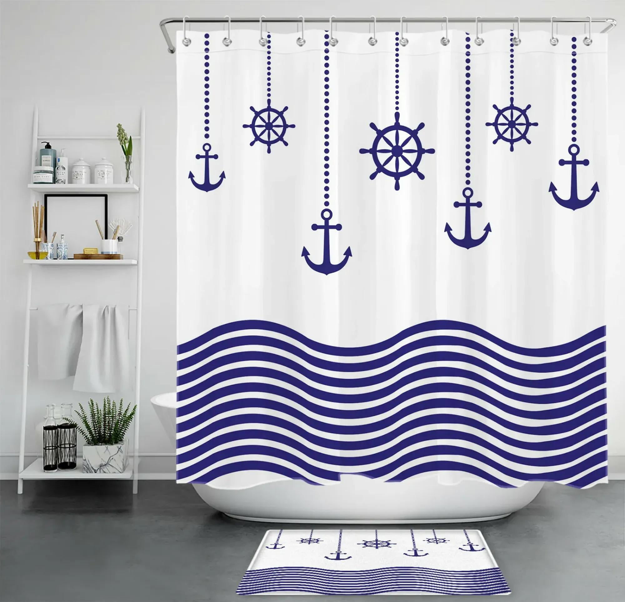 Coastal Waves and Nautical Anchors Shower Curtain Navy Blue and White