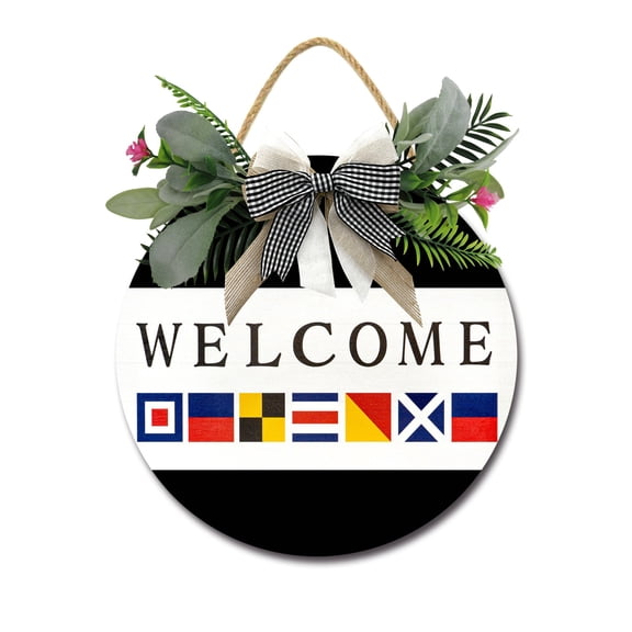 Coastal Welcome Sign Farmhouse Wood Sign Front Porch Decor Rustic Wooden Sign Wall Decor Hanging Wooden Decorations with Bow-Knot for Home Porch Wall Door, 11 x 11 inch
