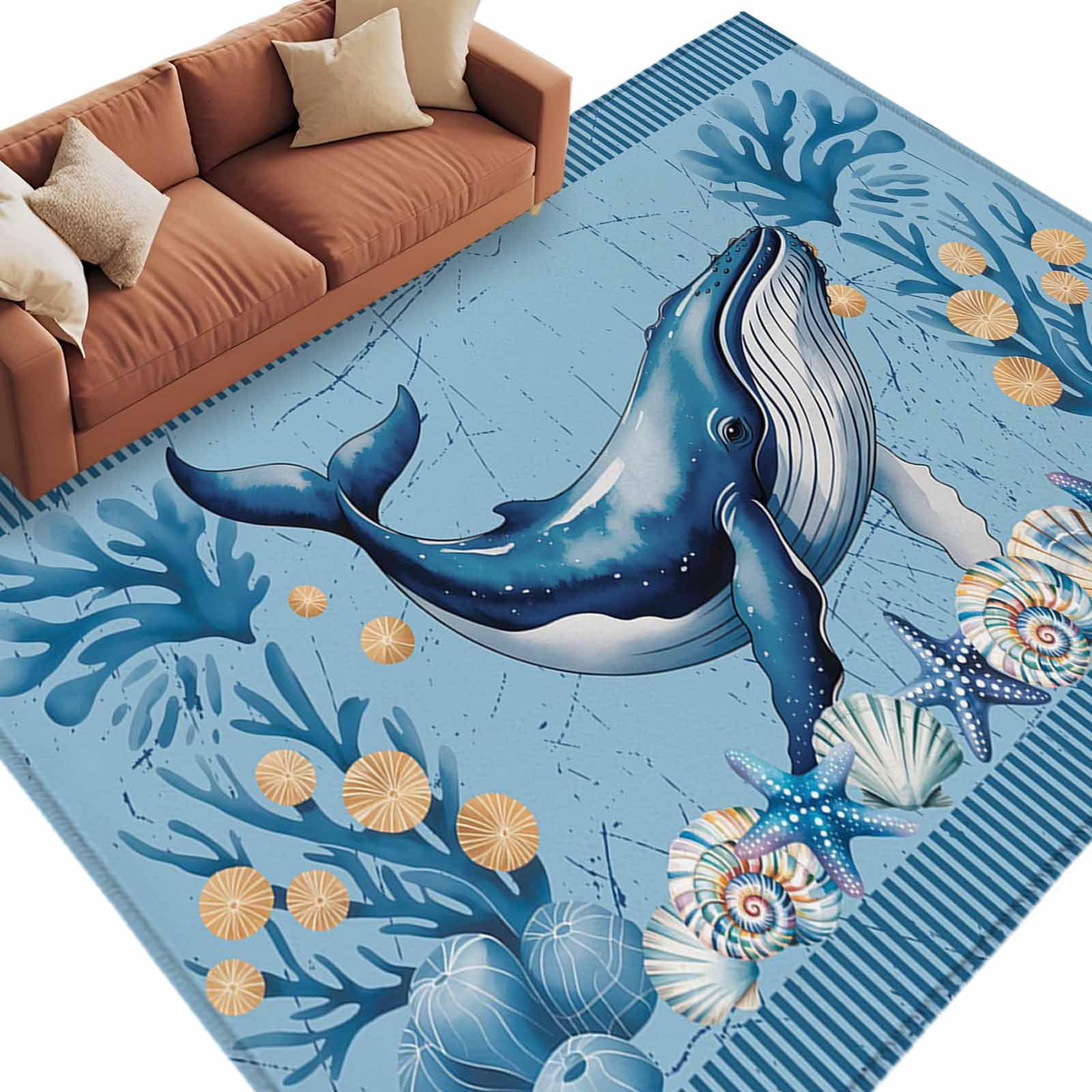 Varkala Shell Rug Coastal Whale Area Rug 5x7 Washable Rug Non Slip Blue Nautical Ocean ...