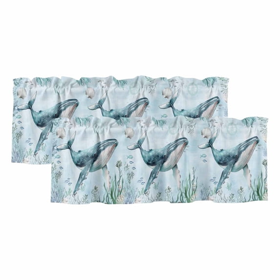 Coastal Whale Curtain Valances for Windows, Kitchen Valance Window Treatments Panel 2 Pack, Nautical Ocean Shells Seaweed Coral Rod Pocket Short Curtains for Bathroom Bedroom 42 x 18 Inch