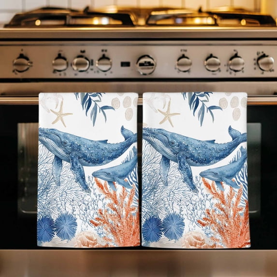Coastal Whale Kitchen Towels Set of 2, Summer Nautical Ocean Coral Starfish Absorbent Dish Towels for Kitchen, Microfiber Hand Towel, Quick Drying Tea Towel for Cleaning Decorative Dishcloths