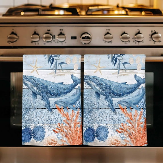 Coastal Whale Kitchen Towels Set of 3, Nautical Ocean Coral Blue Wooden Grain Absorbent Dish Towels for Kitchen, Microfiber Hand Towel, Quick Drying Tea Towel for Cleaning Decorative Dishcloths