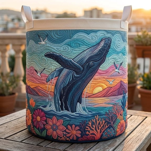 Coastal Whale Quilted Laundry Basket: Ocean Spirit Quilt Hamper, Unique Gift For Mother