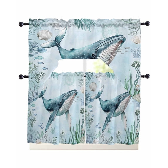 Coastal Whale Swag Curtains for Living Room/Bedroom Windows, Nautical Ocean Shells Seaweed Coral Kitchen Curtains and Valances Set 36 Inch Length, Light Filtering Swags Valance Curtain Panels