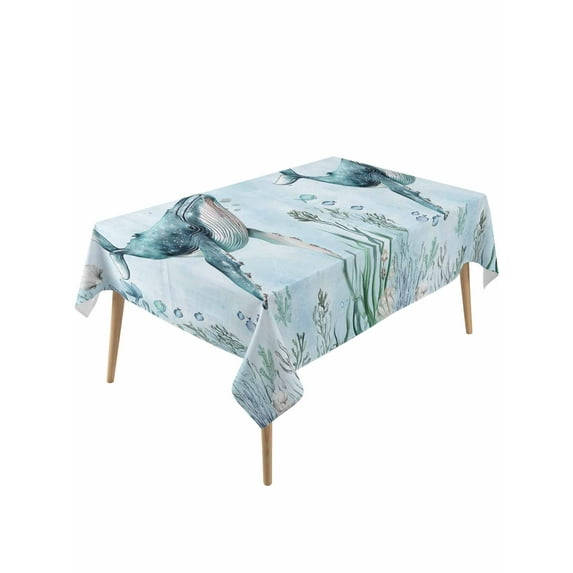 Coastal Whale Table Cloth, Nautical Ocean Shells Seaweed Coral Waterproof Tablecloth for Rectangle Tables, Reusable Washable Fabric Table Cover for Restaurant Kitchen Dining Tables 60"x120"