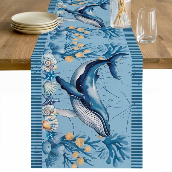 Coastal Whale Table Runner - 36 Inch Long Blue Nautical Ocean Conch Starfish Shells Cotton and Linen Blended Dress Scarves Farmhouse Table Runner for Kitchen Dining, Coffee Table, 13" x 36"