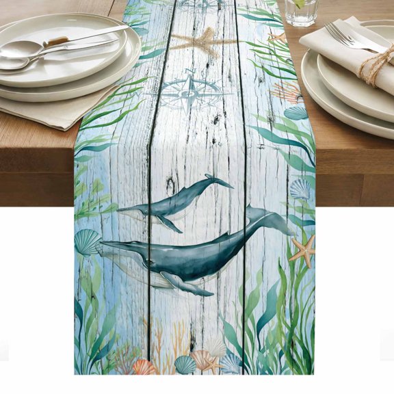 Coastal Whale Table Runner - 36 Inch Long, Kitchen Dining Table Runner Dresser Scarves, Farmhouse Nautical Marine Life Starfish Farmhouse Decor for Coffee Tables Wedding Party Banquet