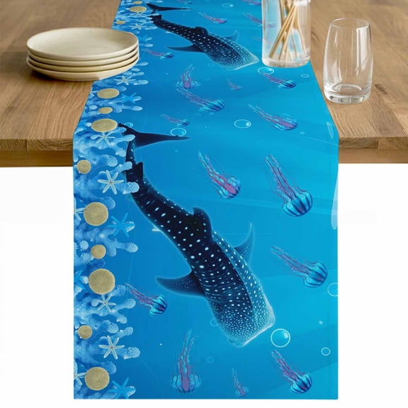 Coastal Whale Table Runner - 60 Inch Long Blue Nautical Ocean Jellyfish Coral Starfish Cotton and Linen Blended Dress Scarves Farmhouse Table Runner for Kitchen Dining, Coffee Table, 13" x 60"