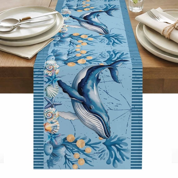 Coastal Whale Table Runner Blue Nautical Ocean Conch Starfish Shells Tablerunners 13 x 108 Inch, Table Decorations Tabletop Scarf for Summer Gathering Holiday Farmhouse Kitchen Dining Decor