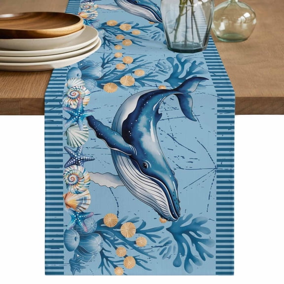 Coastal Whale Table Runner, Blue Nautical Ocean Conch Starfish Shells Washable Cotton Linen Table Runners 36 Inches Long, Dresser Scarf Runner for Nightstand/End Tables/Round Tables 13''x36''
