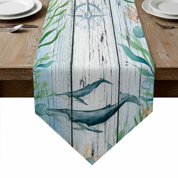 Coastal Whale Table Runner Linen Burlap Table Runner 36 Inches Small Farmhouse Nautical Marine Life Starfish Dresser Scarves for Kitchen Island Coffee Dining Room Party Holiday Decoration 13"x36"