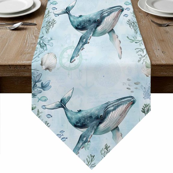 Coastal Whale Table Runner Linen Burlap Table Runner 36 Inches Small Nautical Ocean Shells Seaweed Coral Dresser Scarves for Kitchen Island Coffee Dining Party Wedding Banquet Holiday Decor 13"x36"