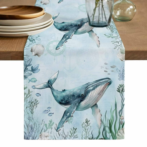 Coastal Whale Table Runner, Nautical Ocean Shells Seaweed Coral Washable Cotton Linen Table Runners 90 Inches Long, Dresser Scarf Runner for Dining/Coffee/Kitchen/Hallway Tables 13''x90''
