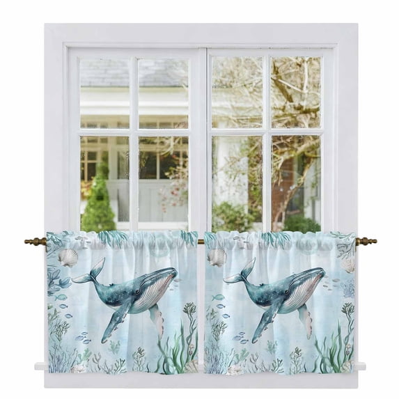 Coastal Whale Tier Curtains, Nautical Ocean Shells Seaweed Coral Light Filtering Kitchen Curtains, 2Pcs Rod Pocket Half Window Treatments Panels for Sink Cafe Cabinet Camper 27.5x36 Inches