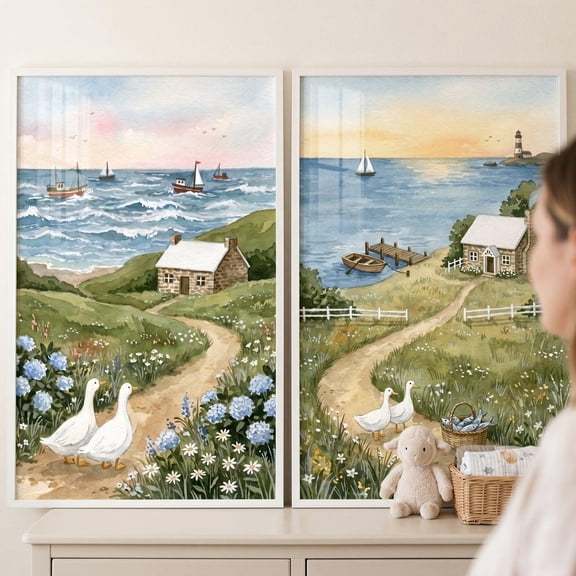 Coastal White Duck Wall Art Set of 2 Seaside Cottagecore Decor Nautical Ocean Watercolor Print Lighthouse Sailboat Art Beach House Art Set 2
