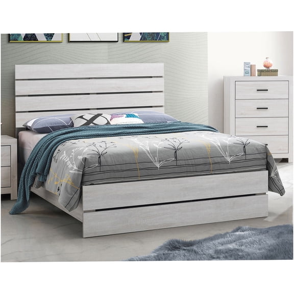 Coastal White Washed Wood Eastern King Panel Bed Frame with Headboard, Sturdy Slat Support No Box Spring Needed