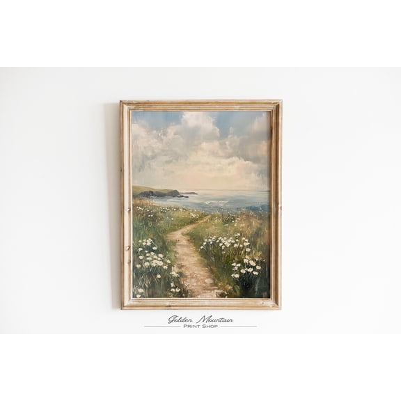 Coastal White Wildflower, Summer Vintage Beach Farmhouse, Moody Floral Landscape, Flower Field Spring Sea Wall Art Poster Decor, Size 24x36 UNFFRAMED F03.1.8l806