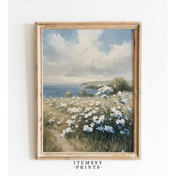 Coastal White Wildflower, Vintage Summer Beach Farmhouse Style, Moody Floral Landscape Poster, Spring Sea Wall Art Decor, 24x36 UNFRAMED