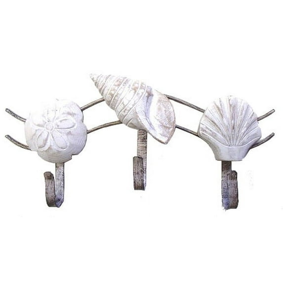 Coastal Whitewashed Assorted Sea Shells Wooden and Metal Triple Hook Wall Decor