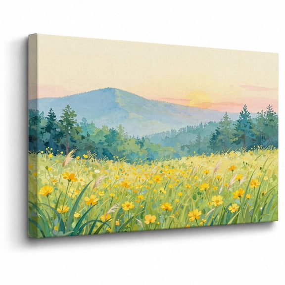 Coastal Wildflower Canvas Wall Art Framed DecorYellow Flowers Beach Sunset Landscape 2D Flat canvas print for bathroom bedroom or living room