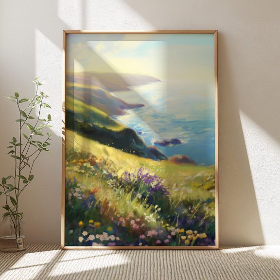 Coastal Wildflower Field Landscape Art, Vintage Summer Beach Print, Farmhouse Spring Floral Wall Decor Unframed Paper Print