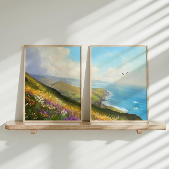 Coastal Wildflower Field Landscape, Vintage Summer Beach Print, Spring UNFRAMED Poster, Wall Art for Decor, Present, 8x12