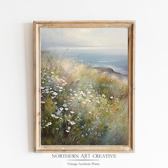 Coastal Wildflower Field Print Vintage Summer Wall Art Beach Landscape Wall Art Summer Farmhouse Print Floral Decor Sea Print Home Decor #2561, Unframed Poster Size 8x12
