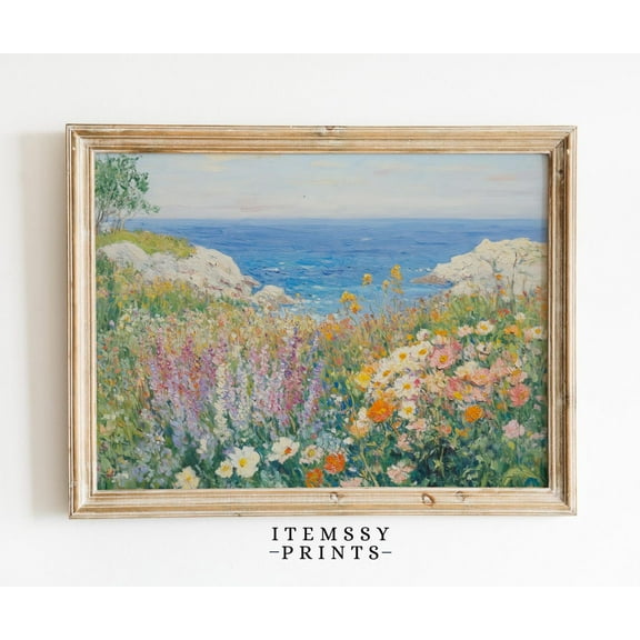 Coastal Wildflower Field, Vintage Beach Landscape, Summer Farmhouse Wall Art, Spring Floral Seaside Coastal Decor, 8x12 UNFRAMED
