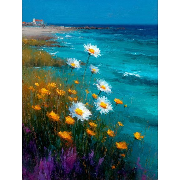 Coastal Wildflower Meadow Canvas Art, Ocean View Daisy Scene, Oil Painting Style Decor