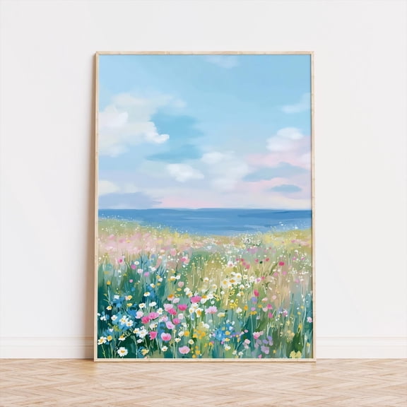 Coastal Wildflower Meadow Poster, Seaside Floral Landscape, Pastel Ocean, Cottagecore Botanical Wall Art, Unframed Canvas Size 8x12