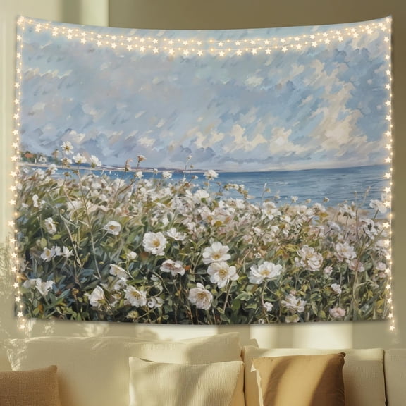 Coastal Wildflower Tapestry, Flower Field Landscape Tapestries Wall Blanket, Preppy Beach Floral Wall Hanging Decor for Teen Girl Women Home Living Room Bedroom